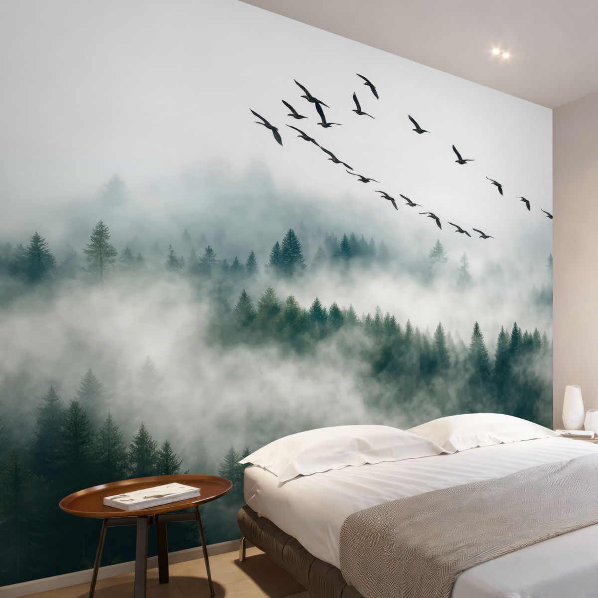 Fototapeta Las otulony mgłą i ptaki.