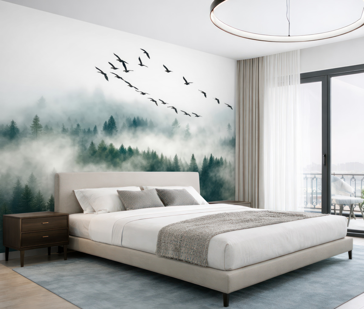 Fototapeta Las otulony mgłą i ptaki.