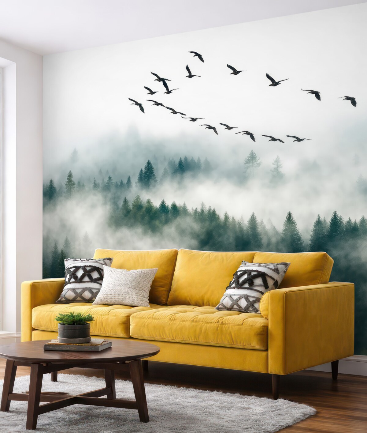 Fototapeta Las otulony mgłą i ptaki.