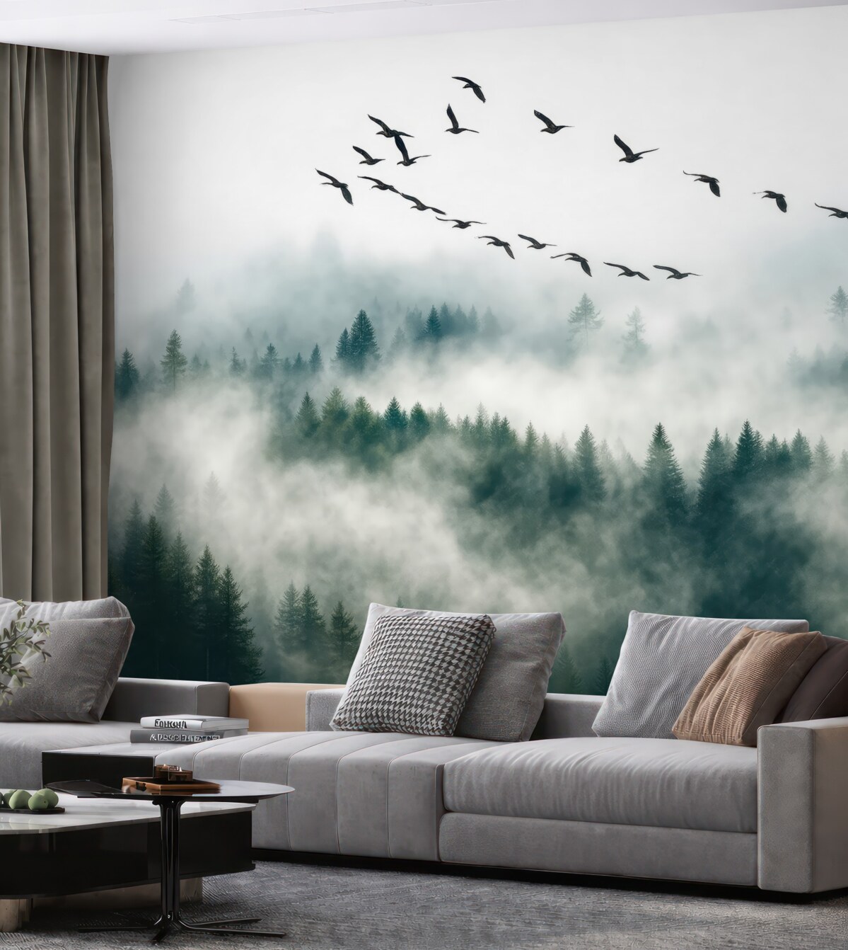 Fototapeta Las otulony mgłą i ptaki.