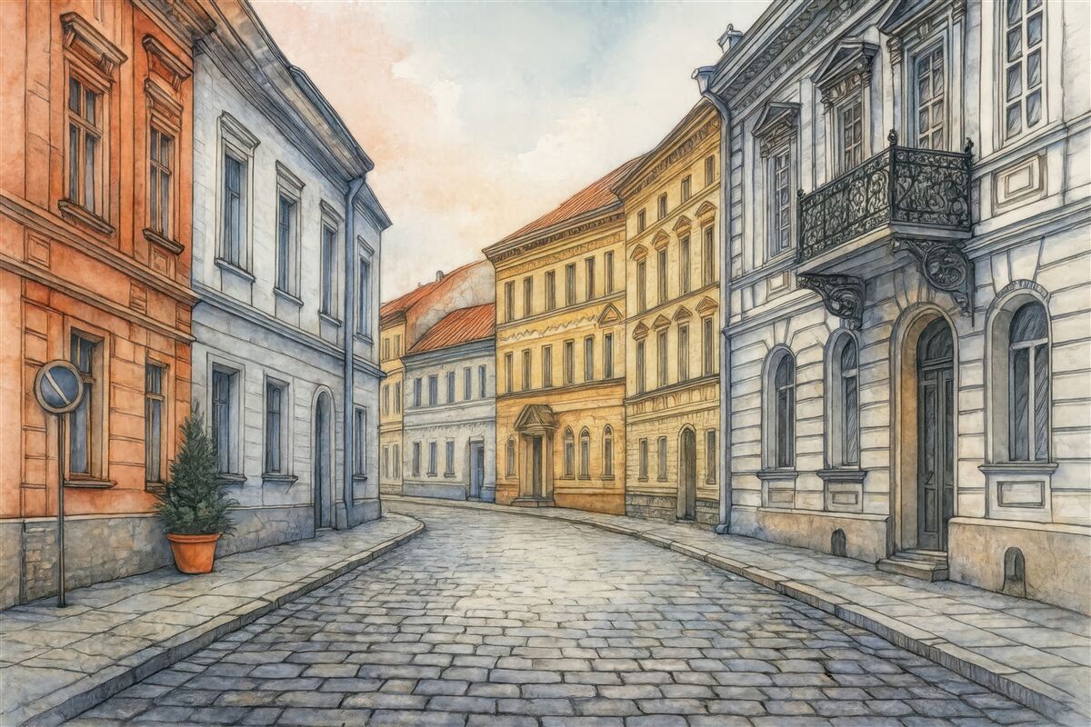 Fototapeta Zabytkowe centrum, oznaczenie i akwarela.