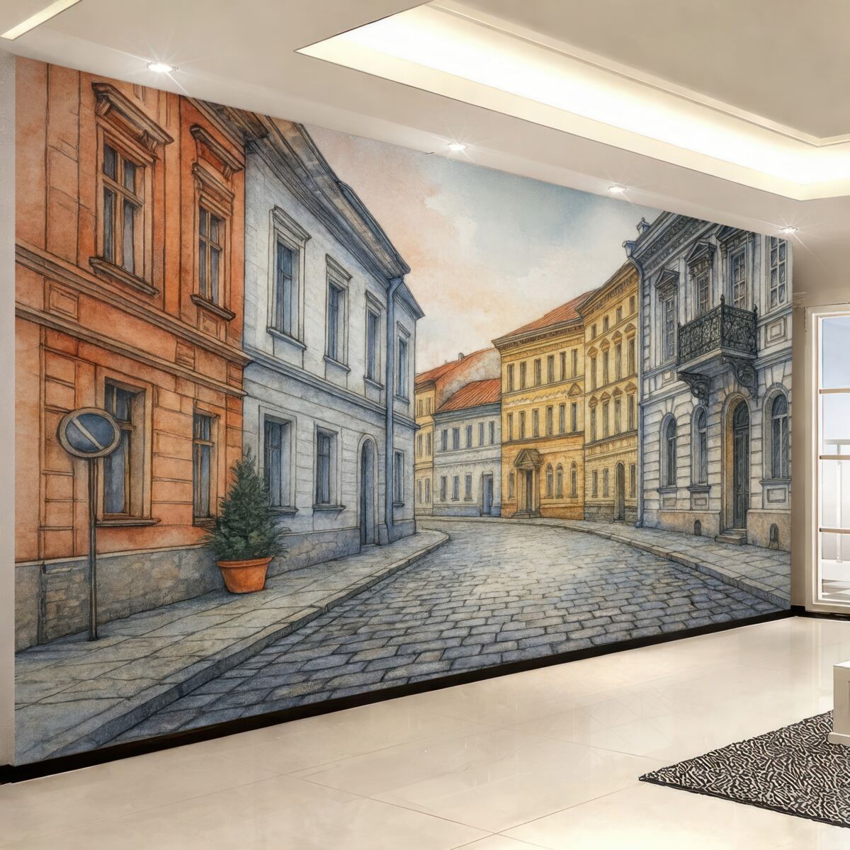 Fototapeta Zabytkowe centrum, oznaczenie i akwarela.