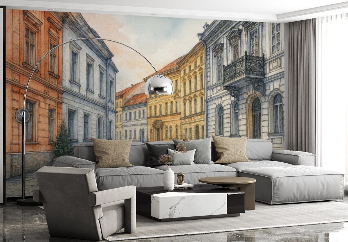 Fototapeta Zabytkowe centrum, oznaczenie i akwarela.