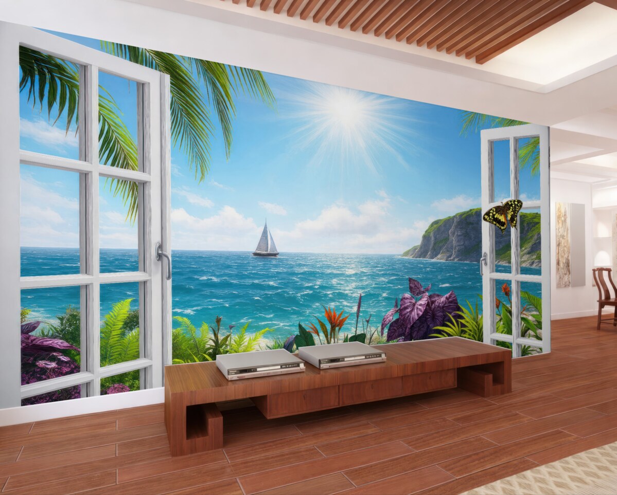 Fototapeta Widok z okna na ocean i łódź.