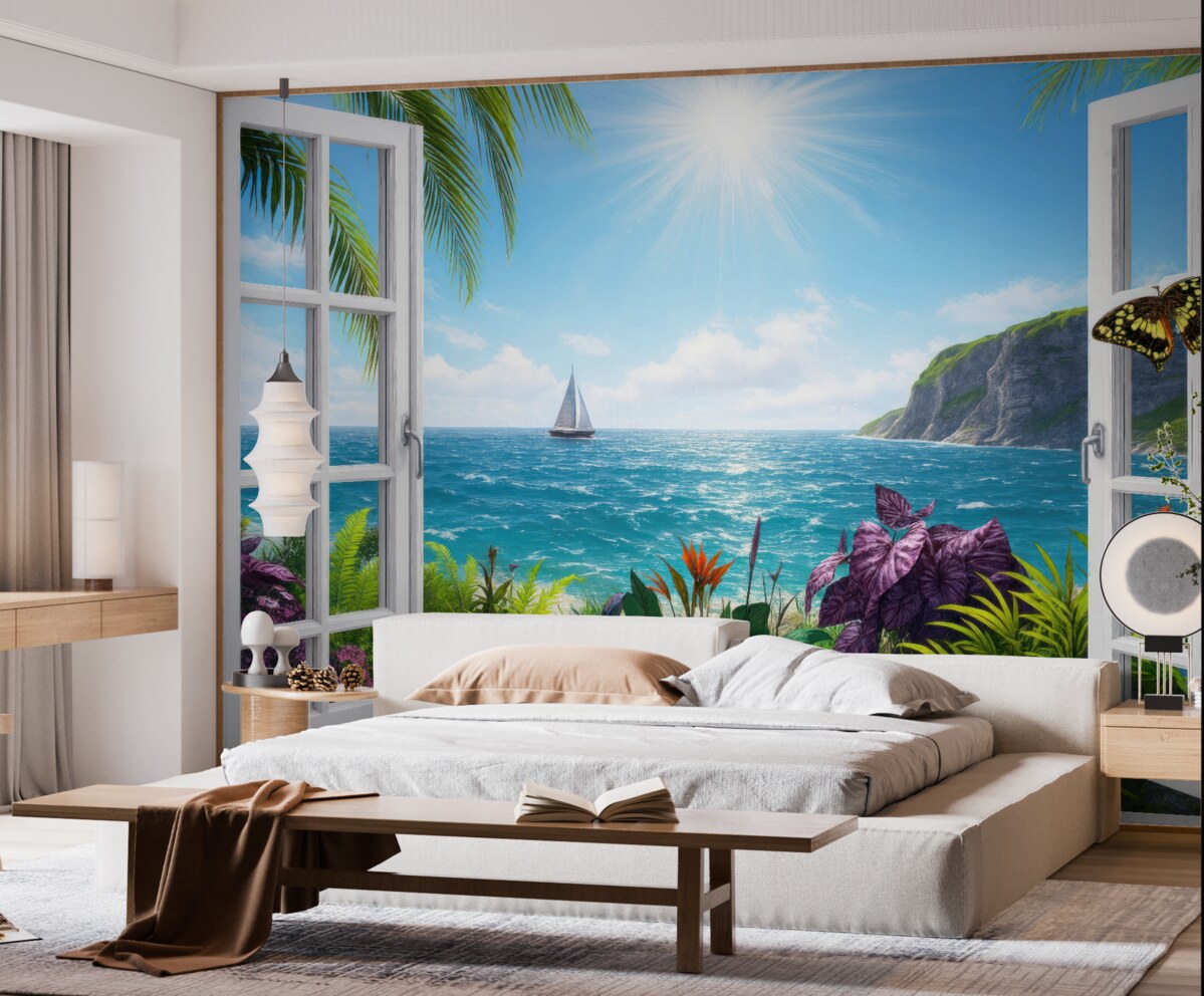 Fototapeta Widok z okna na ocean i łódź.