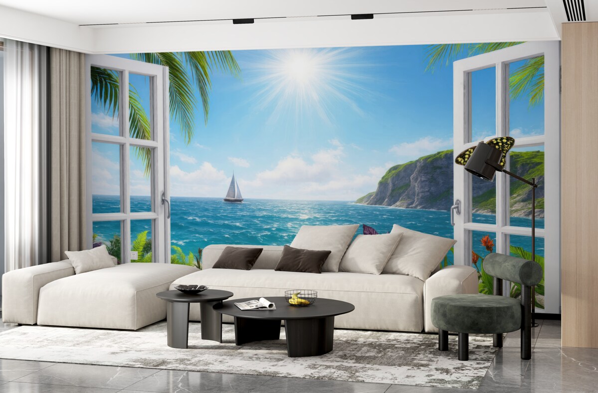 Fototapeta Widok z okna na ocean i łódź.