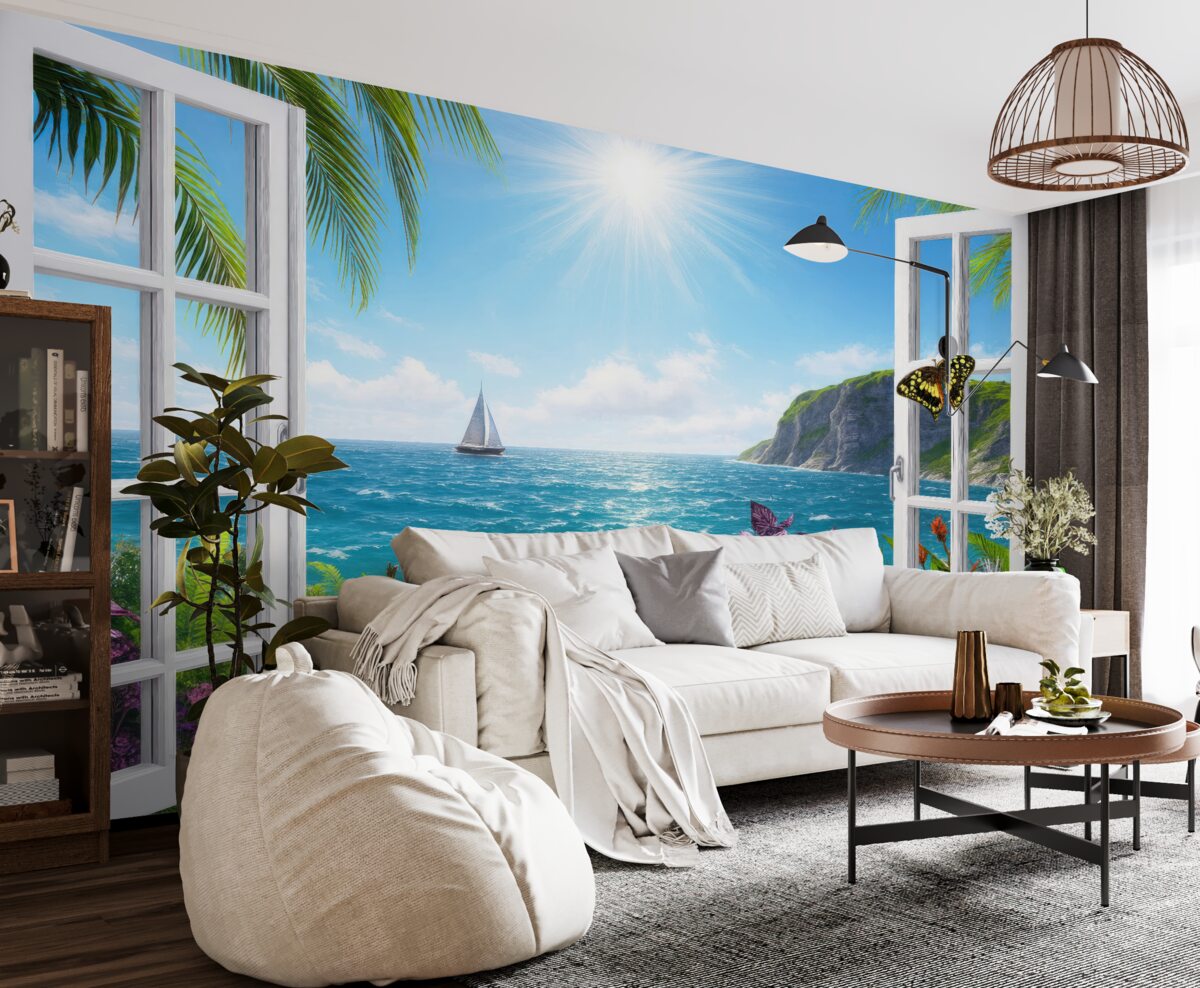 Fototapeta Widok z okna na ocean i łódź.