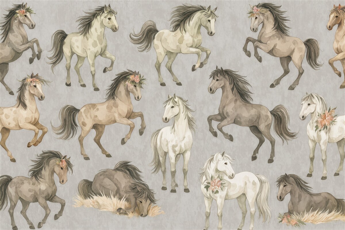 Fototapeta Motyw - konie oraz kwiaty.