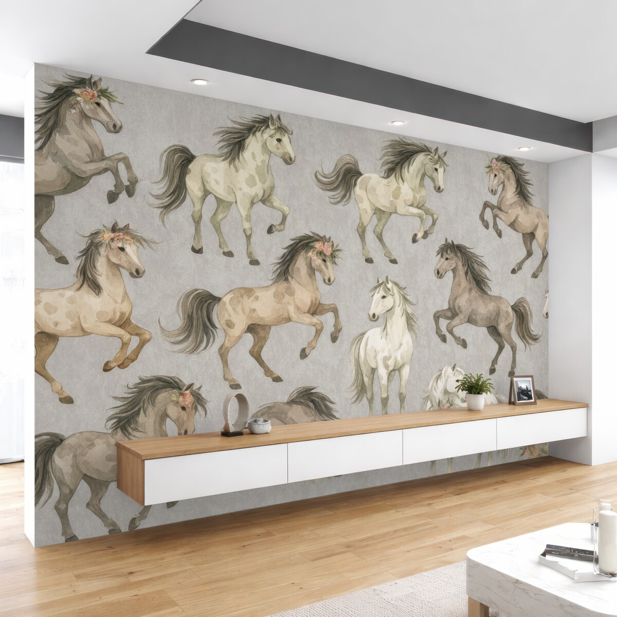 Fototapeta Motyw - konie oraz kwiaty.