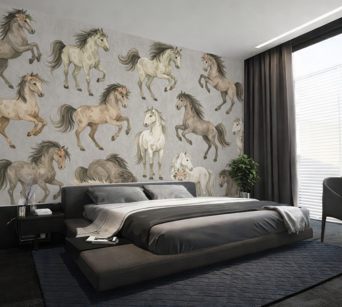 Fototapeta Motyw - konie oraz kwiaty.