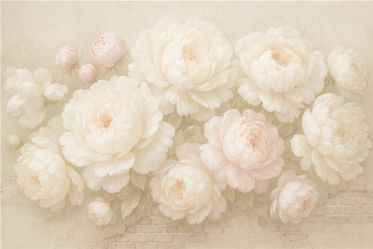Fototapeta Białe piwonie na ceglanej ścianie.