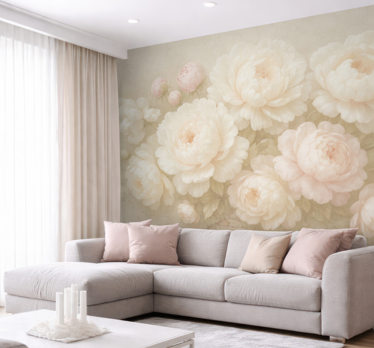 Fototapeta Białe piwonie na ceglanej ścianie.