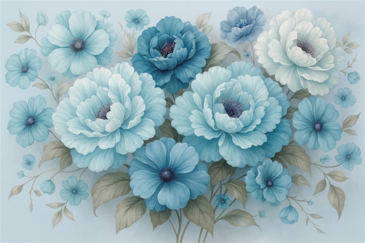 Fototapeta Skrzynki o subtelnych niebieskich kwiatach.