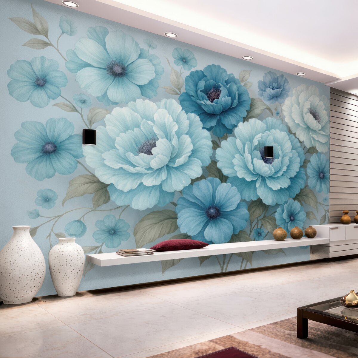 Fototapeta Skrzynki o subtelnych niebieskich kwiatach.