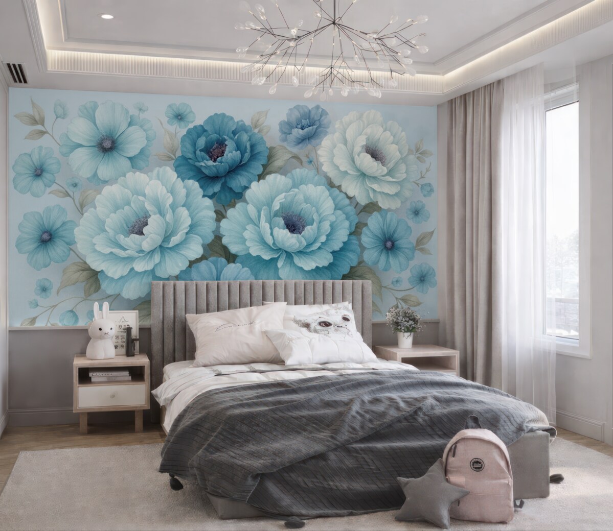 Fototapeta Skrzynki o subtelnych niebieskich kwiatach.