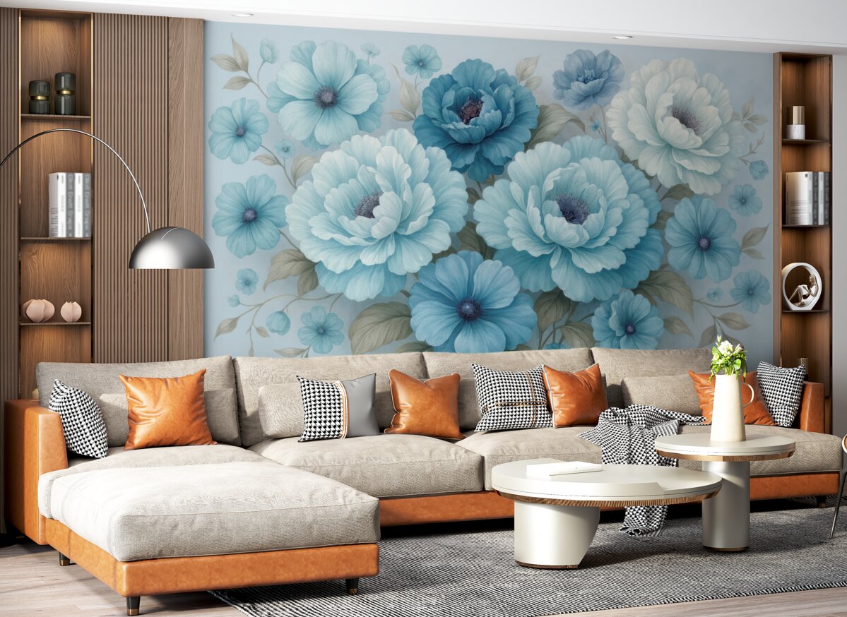 Fototapeta Skrzynki o subtelnych niebieskich kwiatach.