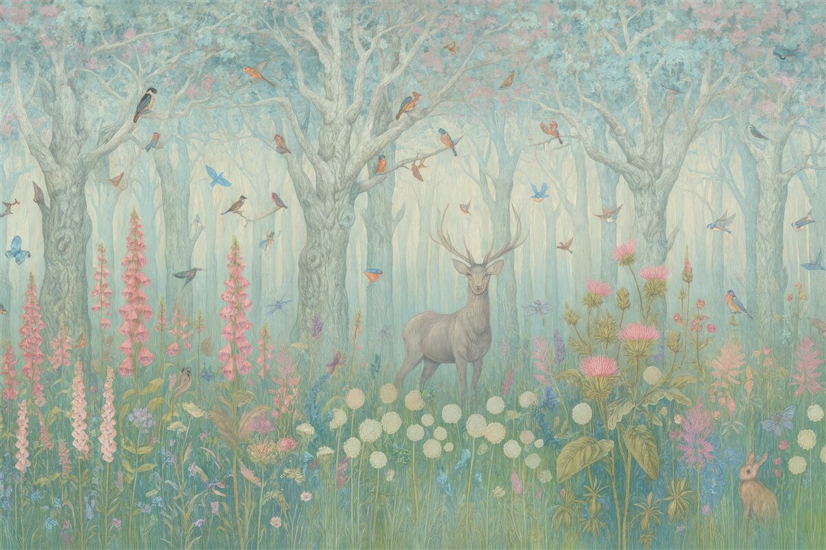 Fototapeta Jeleń oraz ptaki w czarującym lesie.