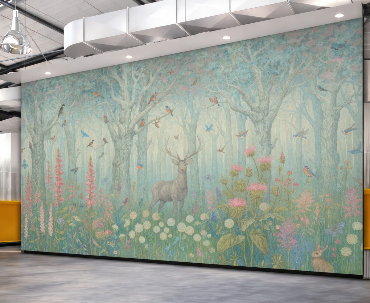 Fototapeta Jeleń oraz ptaki w czarującym lesie.