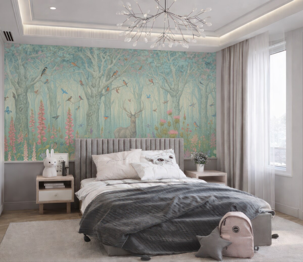 Fototapeta Jeleń oraz ptaki w czarującym lesie.