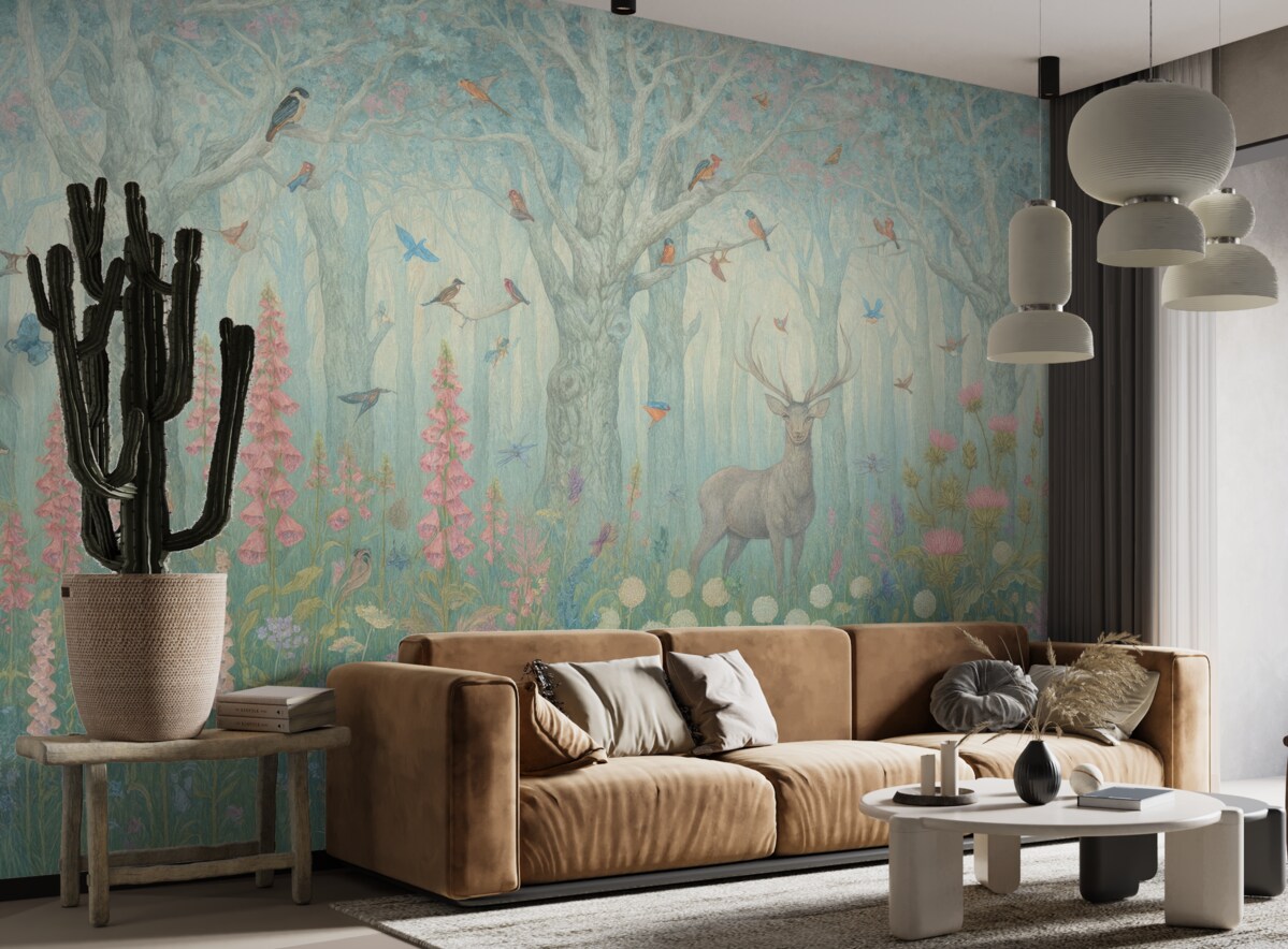 Fototapeta Jeleń oraz ptaki w czarującym lesie.