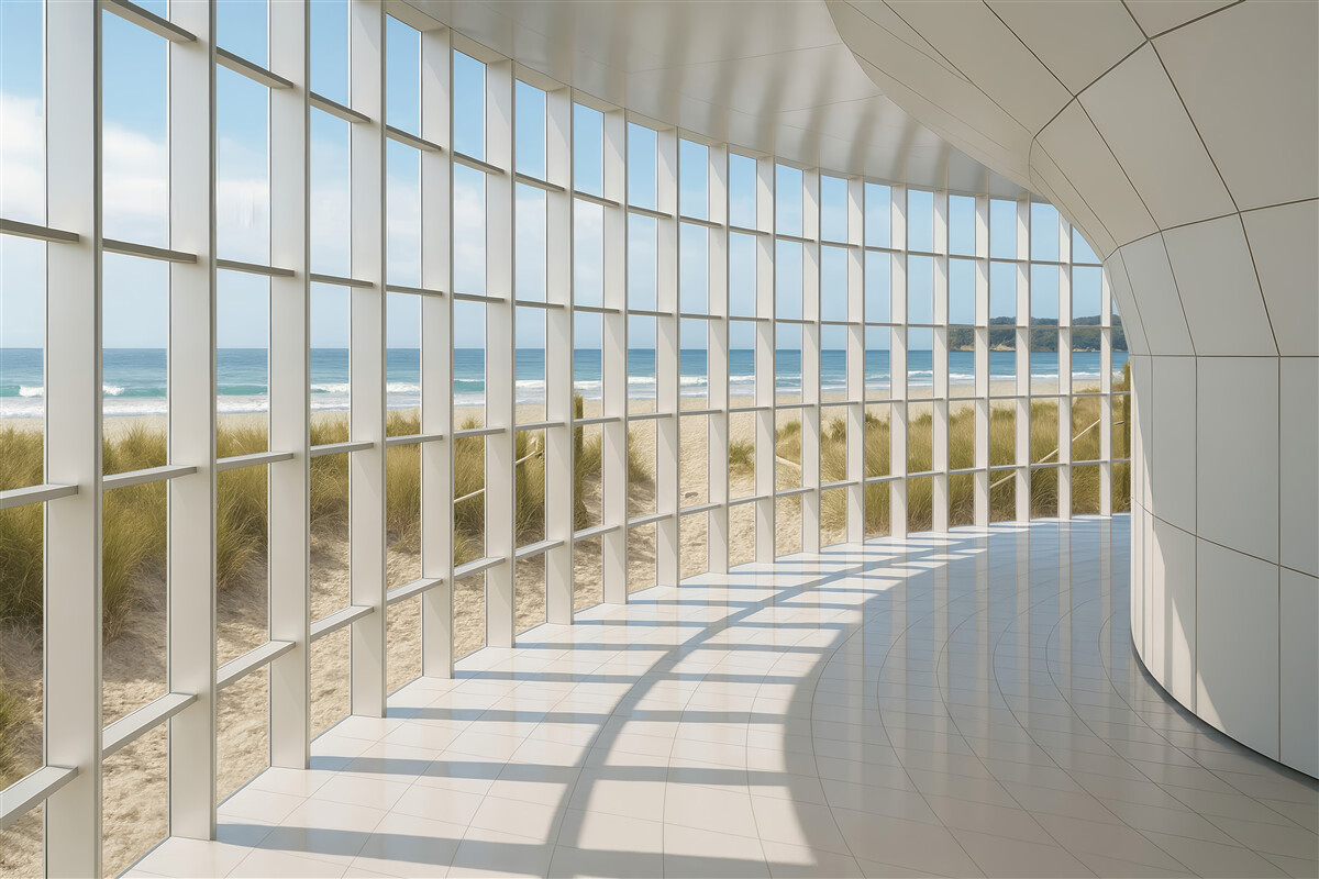 Fototapeta Korytarz 3D z panoramą na morze.