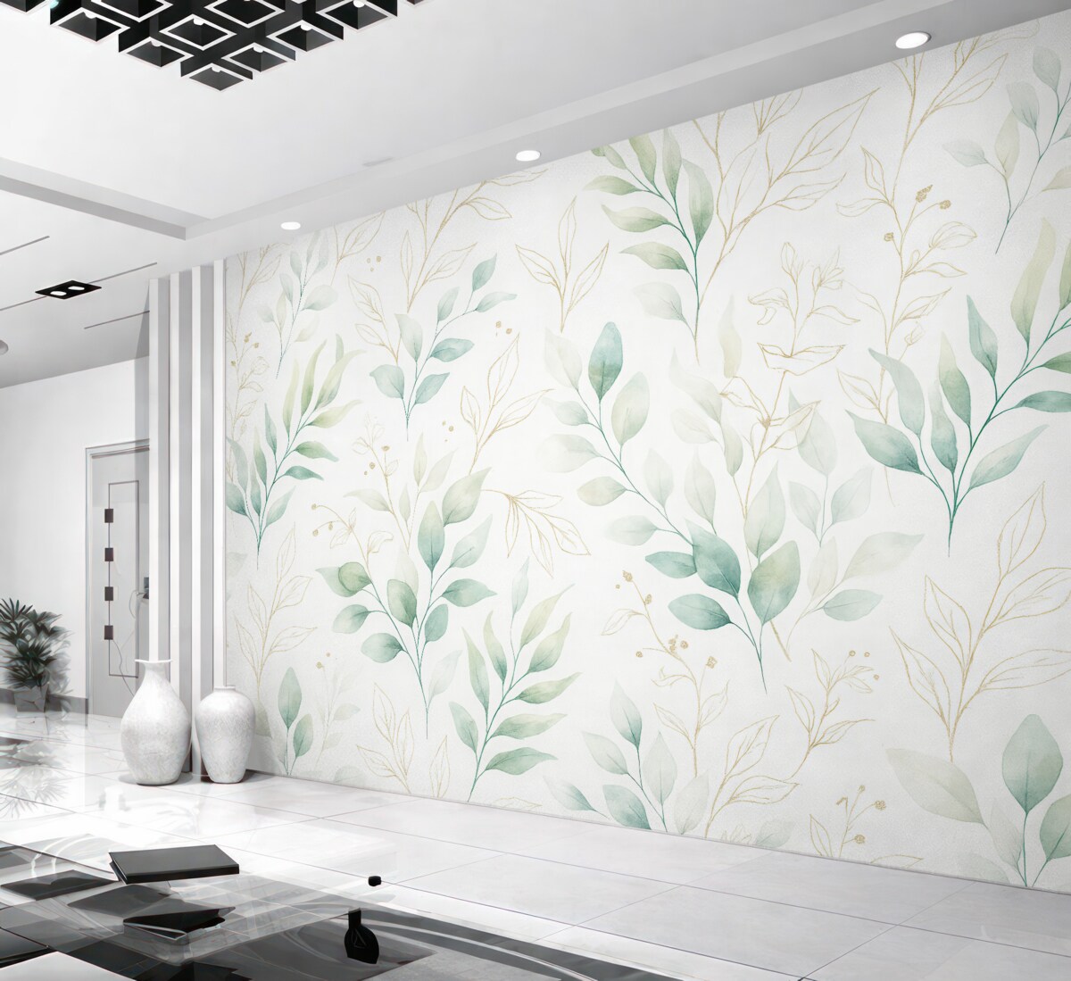 Fototapeta Zielone liście w stylu nawiązującym do akwareli.