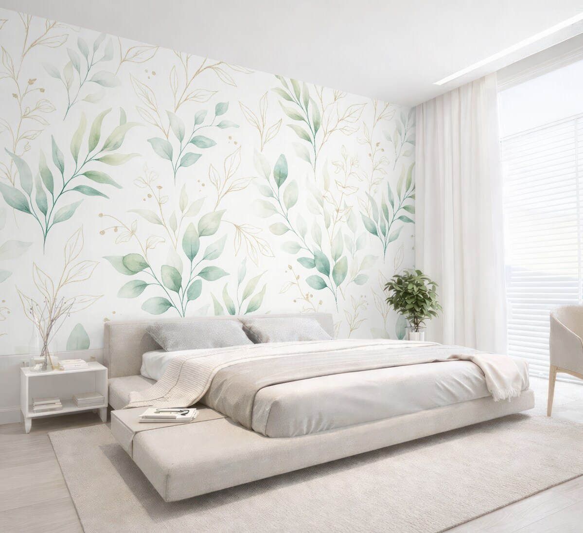 Fototapeta Zielone liście w stylu nawiązującym do akwareli.