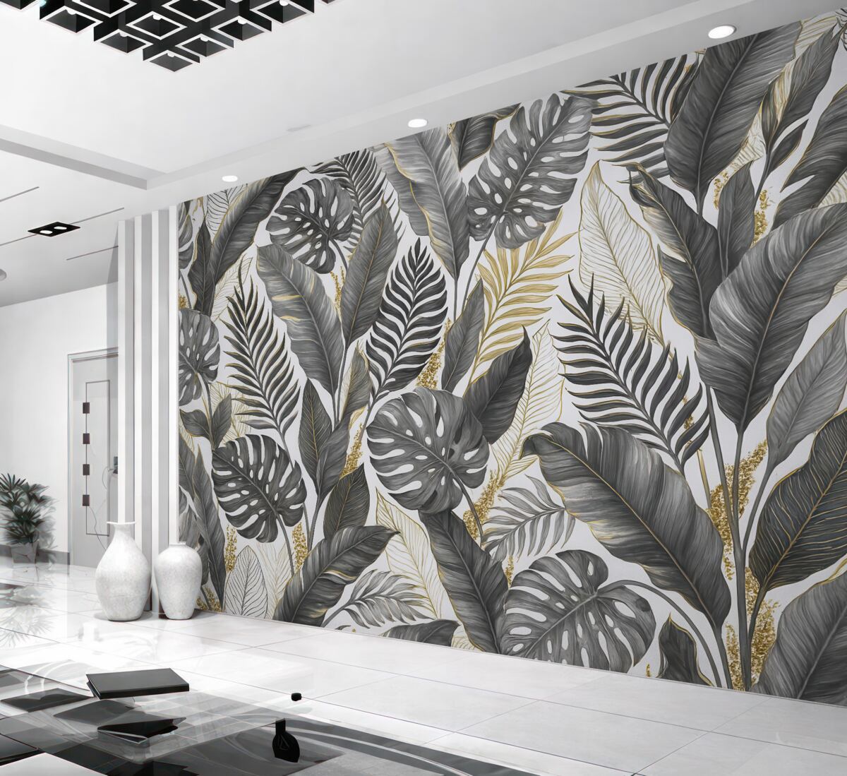 Fototapeta Szare liście tropikalne na jasnym tle.