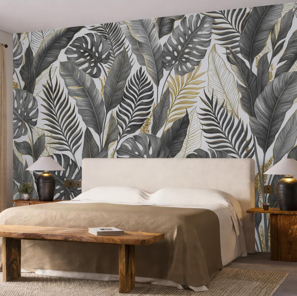 Fototapeta Szare liście tropikalne na jasnym tle.