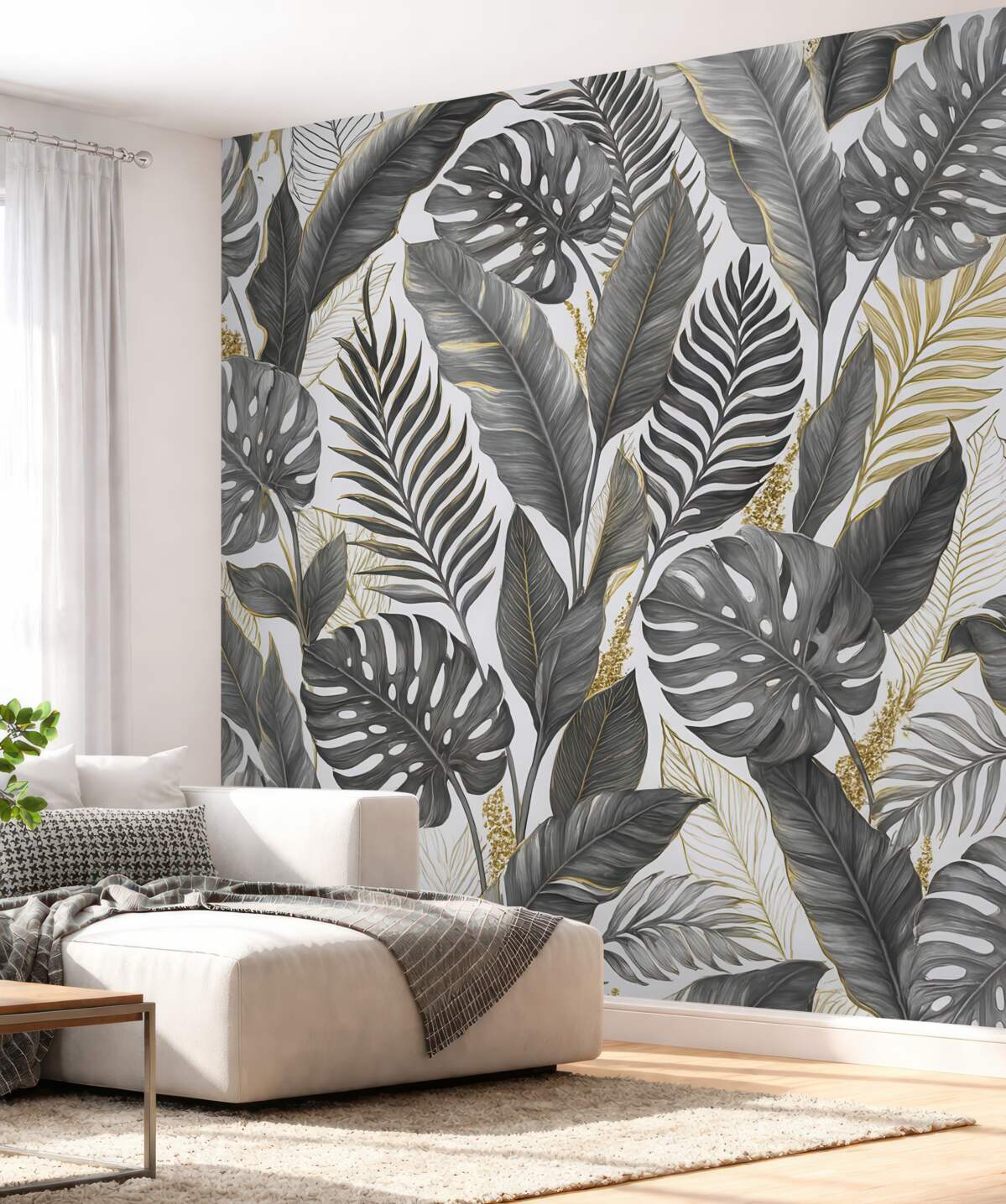 Fototapeta Szare liście tropikalne na jasnym tle.