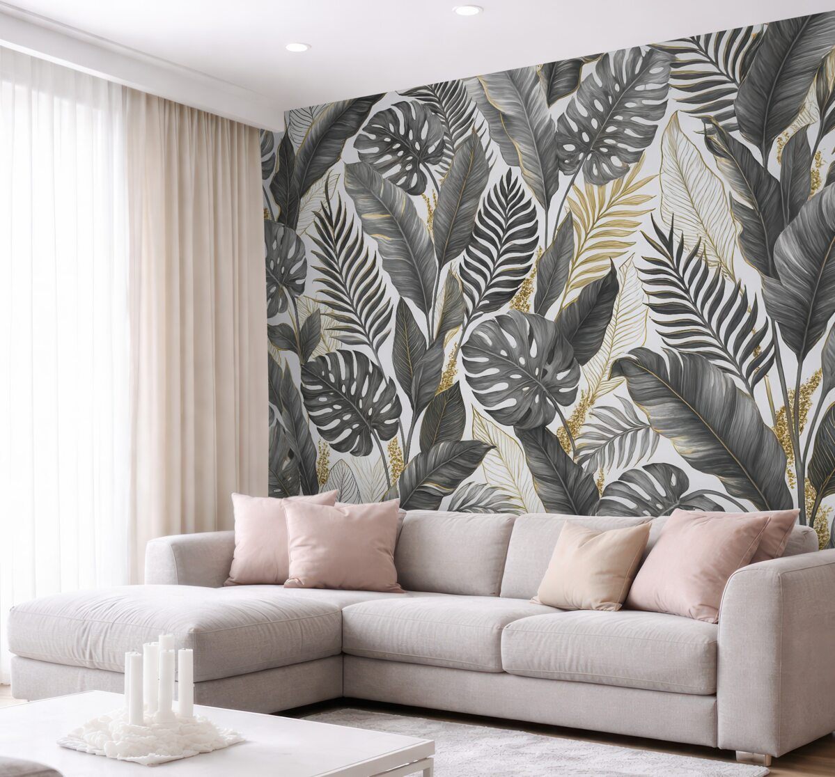 Fototapeta Szare liście tropikalne na jasnym tle.