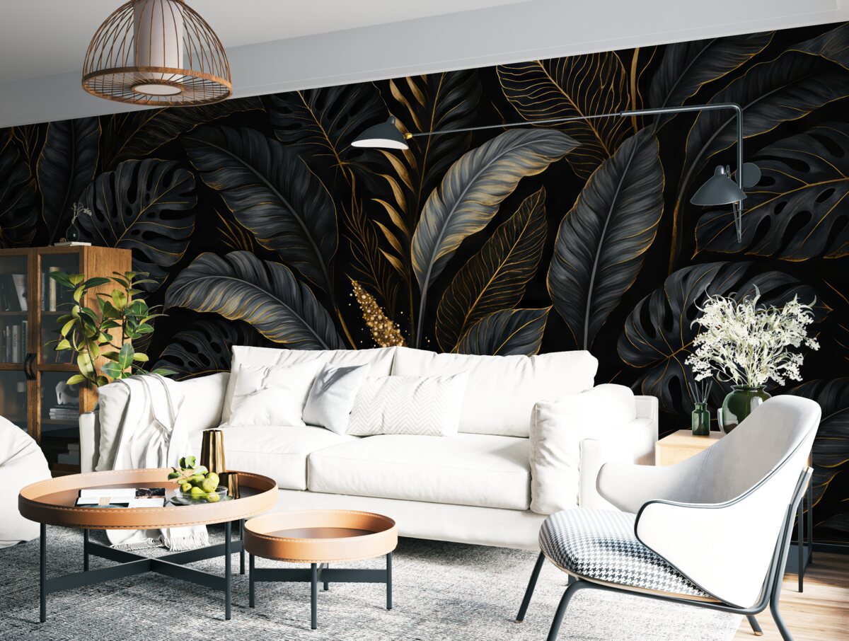 Fototapeta Liście tropikalne na ciemnym tle.