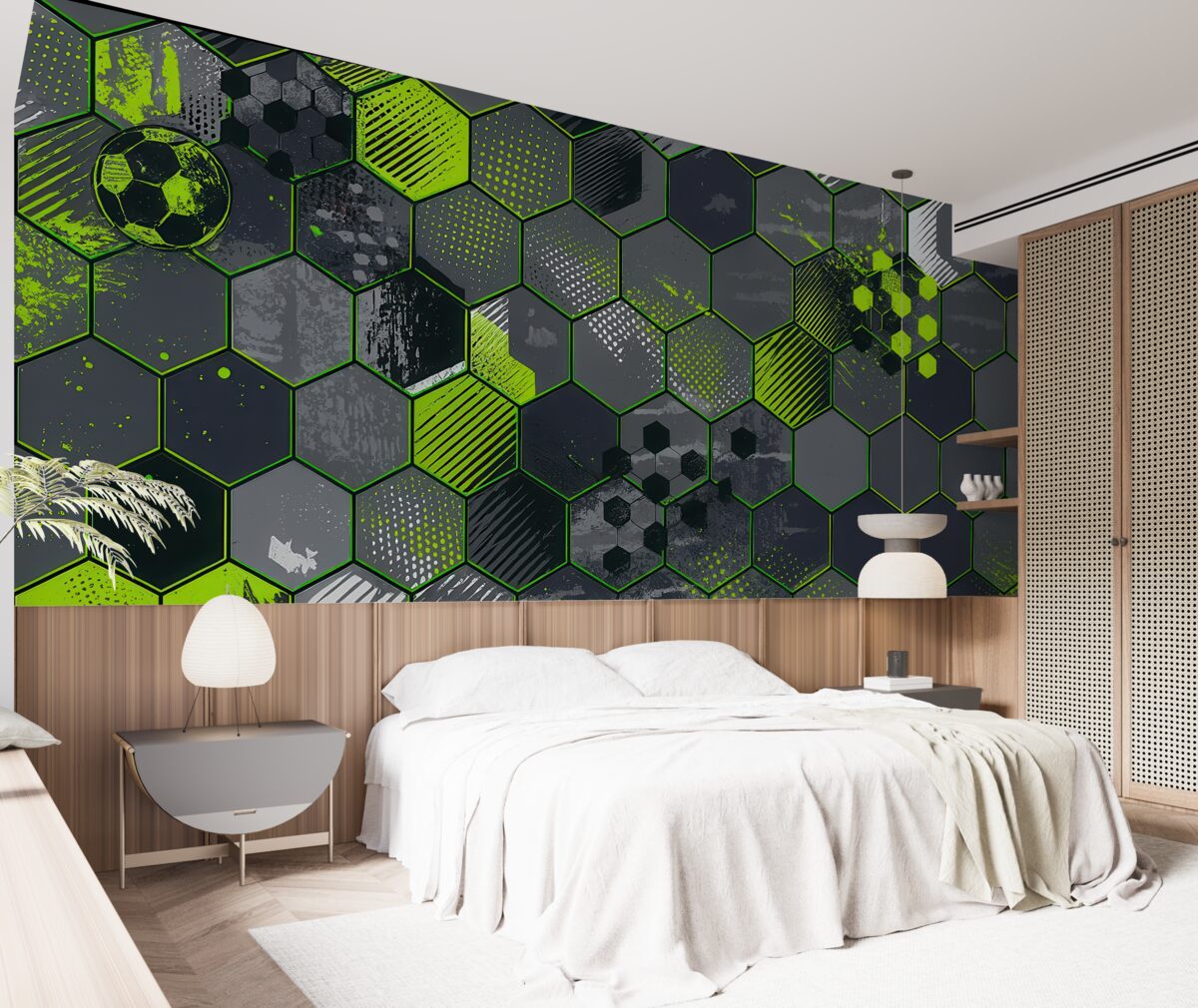 Fototapeta Abstrakcja futbolu, jasnozielone plasterki miodu.