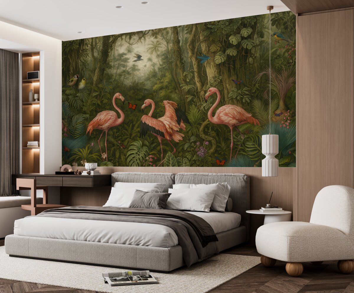 Fototapeta Tropikalne ptaki oraz flaming w jungli.