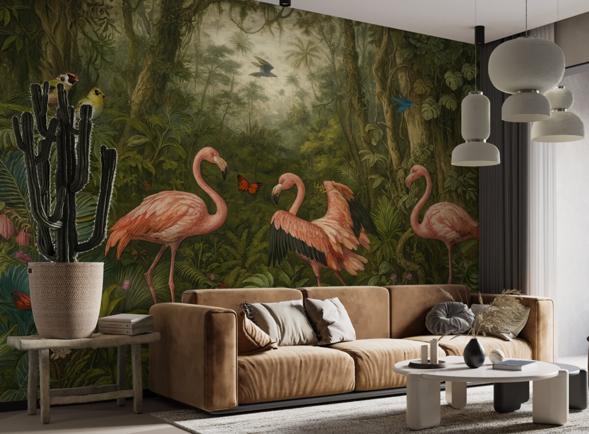 Fototapeta Tropikalne ptaki oraz flaming w jungli.