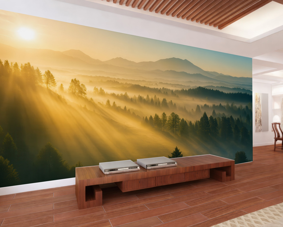 Fototapeta Słoneczne promienie i mglisty las.