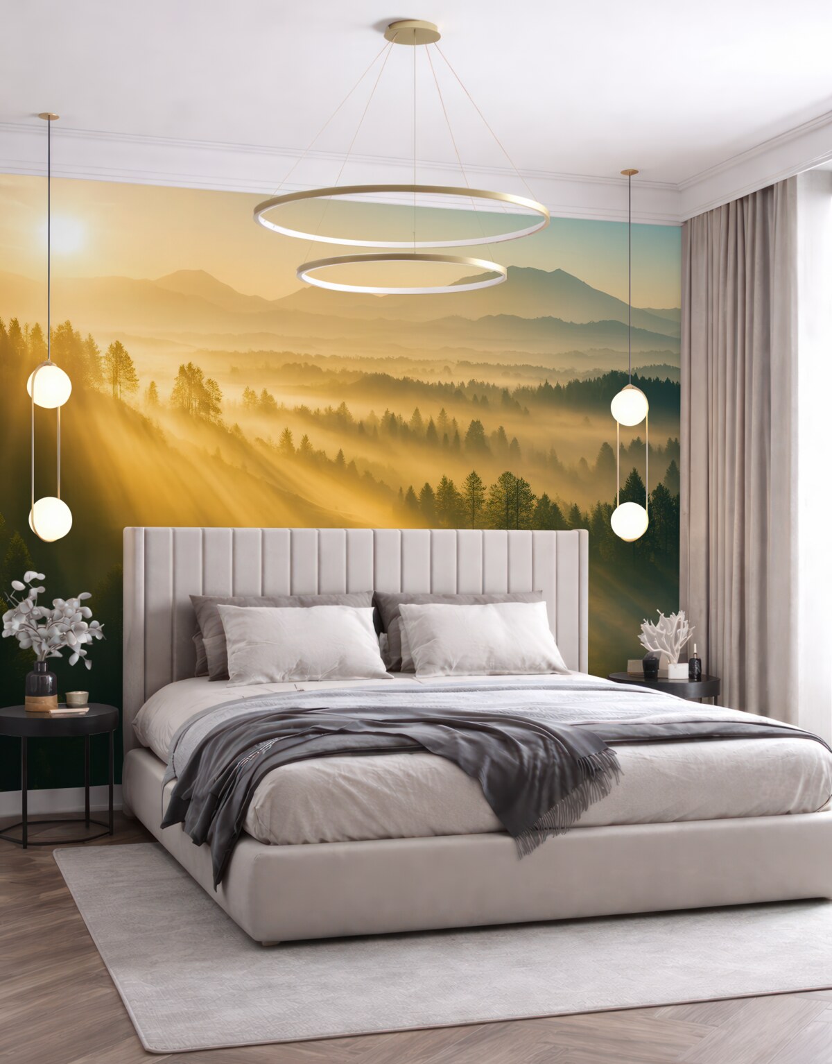 Fototapeta Słoneczne promienie i mglisty las.