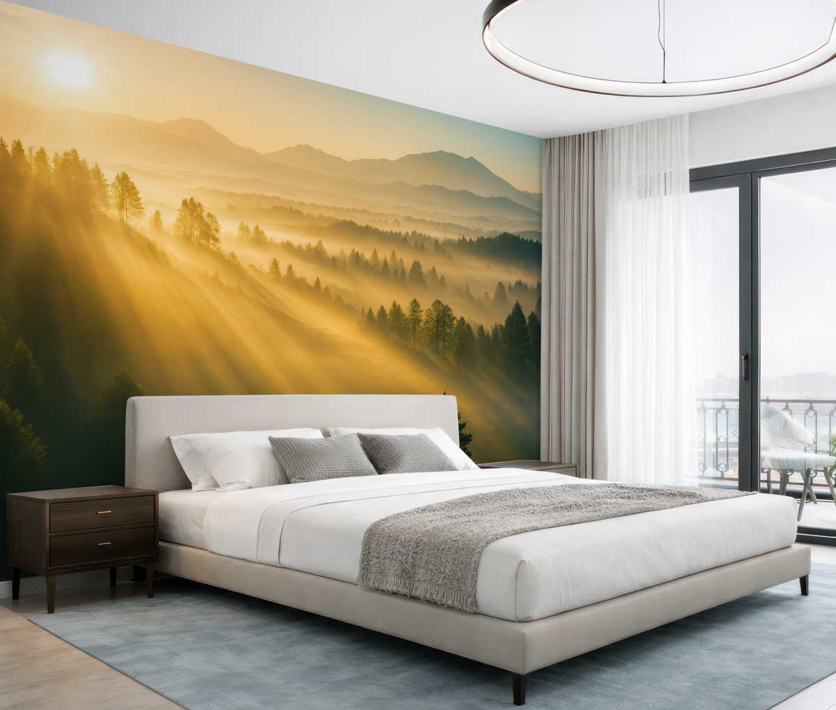 Fototapeta Słoneczne promienie i mglisty las.