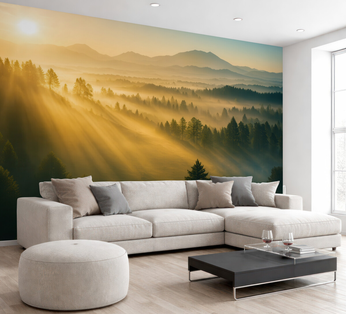 Fototapeta Słoneczne promienie i mglisty las.