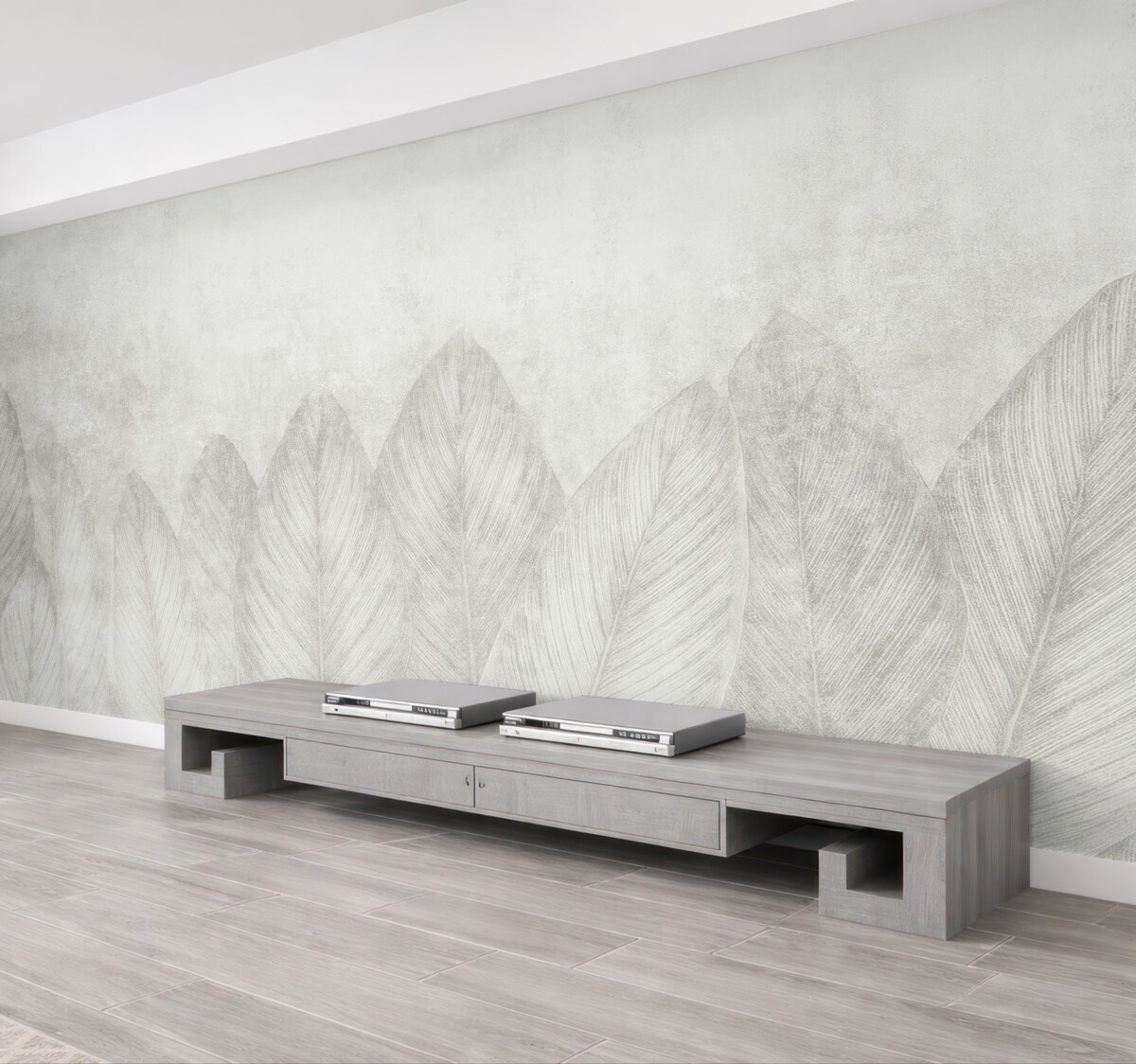 Fototapeta Wsp współczesne liście palmowe na betonowej powierzchni.