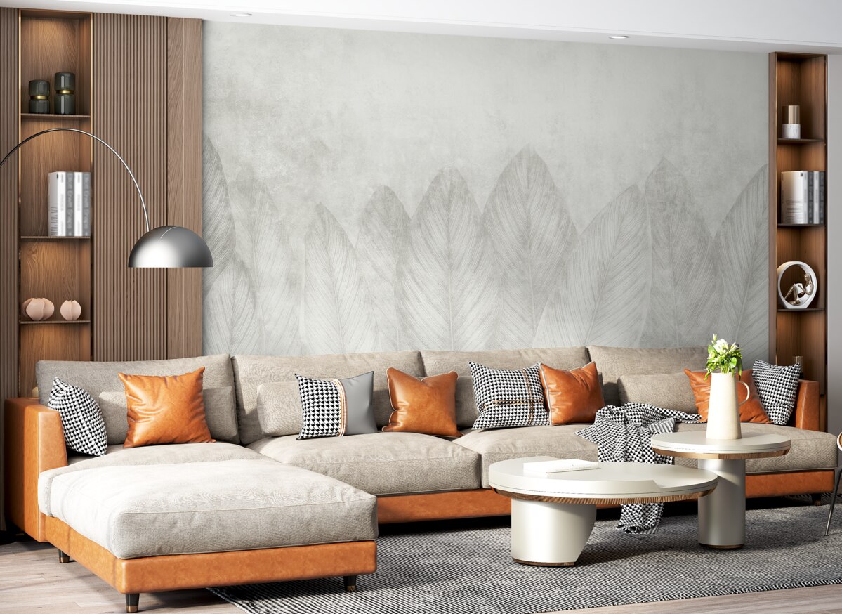 Fototapeta Wsp współczesne liście palmowe na betonowej powierzchni.