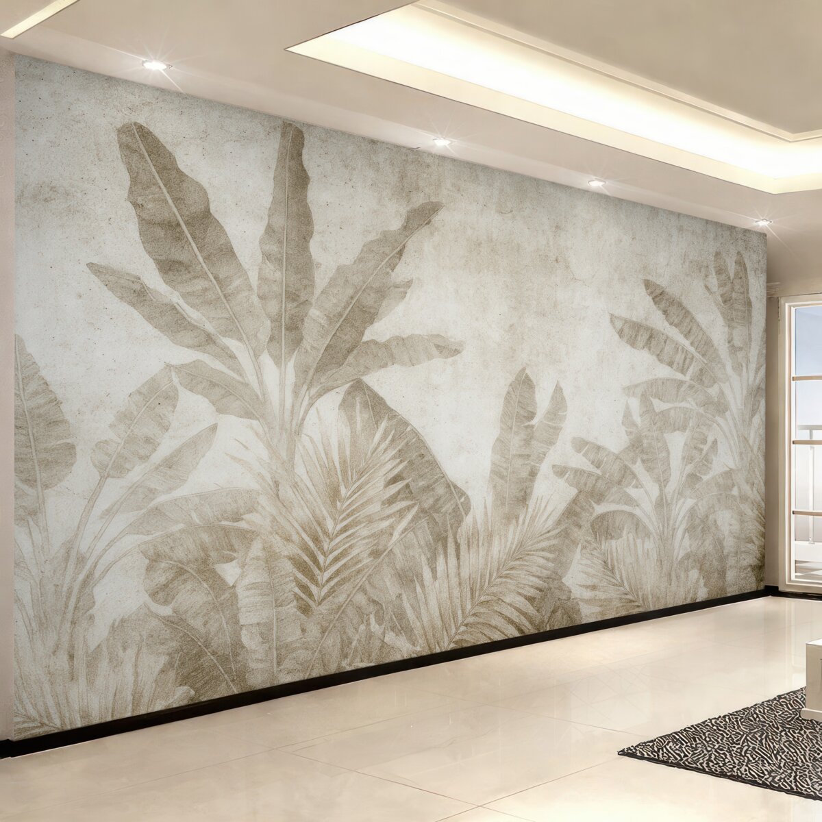 Fototapeta Liście bananowca na betonowej ścianie.