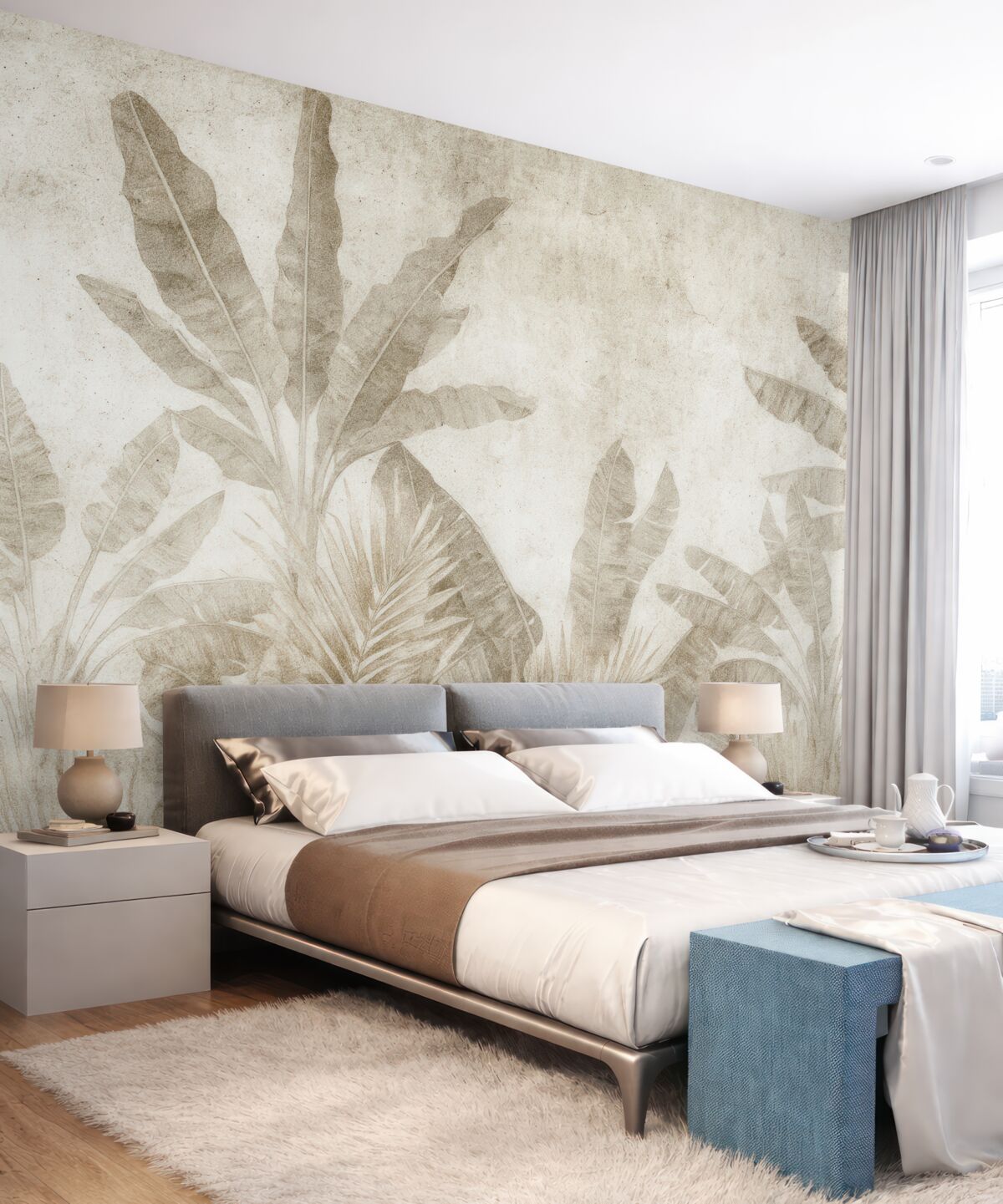 Fototapeta Liście bananowca na betonowej ścianie.