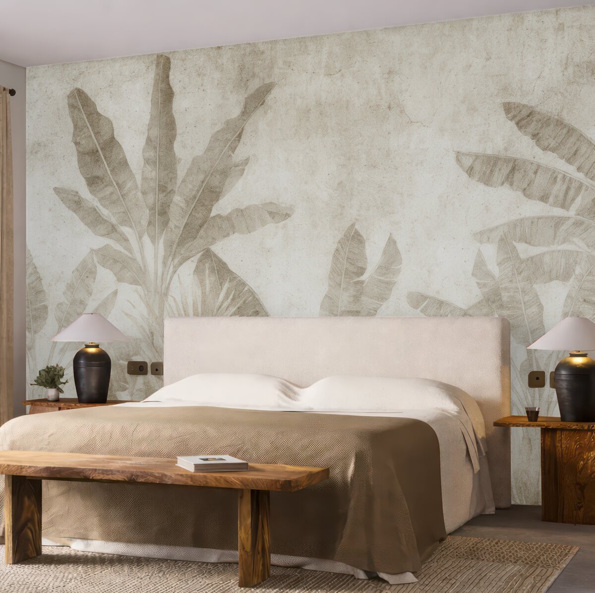 Fototapeta Liście bananowca na betonowej ścianie.