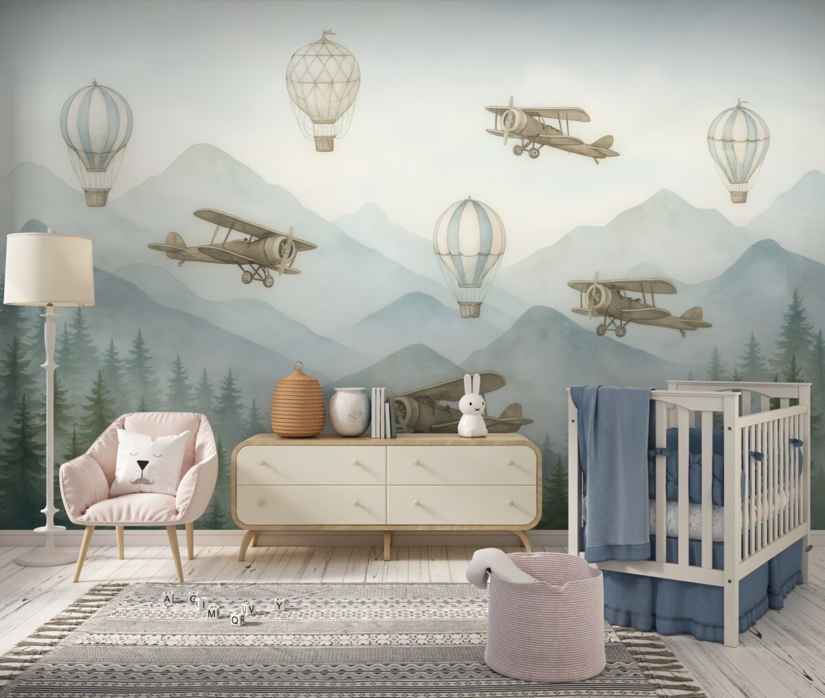 Fototapeta Niebo z latającymi balonami i śmigłowcami.