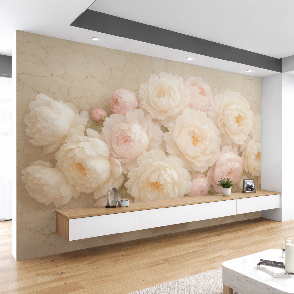 Fototapeta Białe peonie na zrujnowanej ścianie.