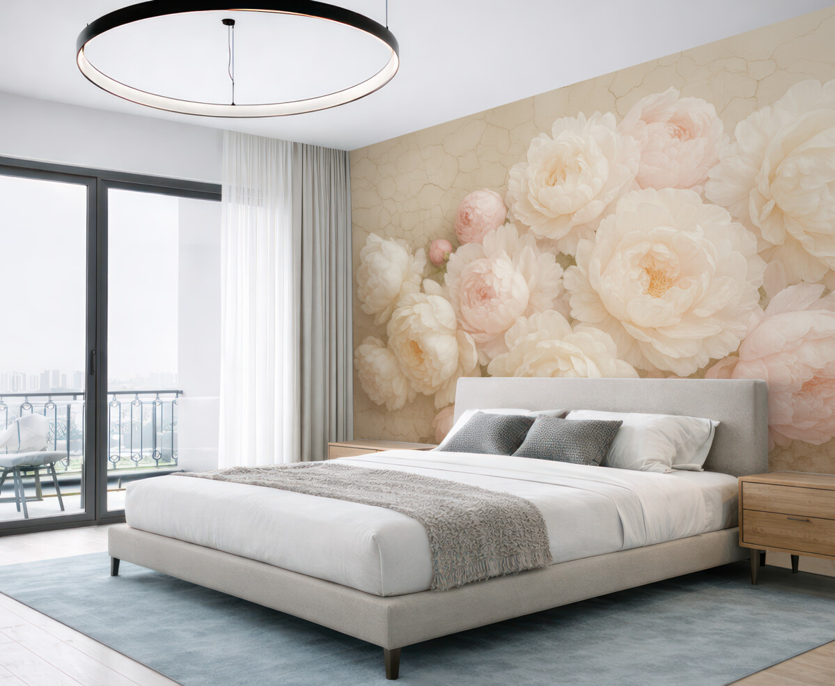 Fototapeta Białe peonie na zrujnowanej ścianie.