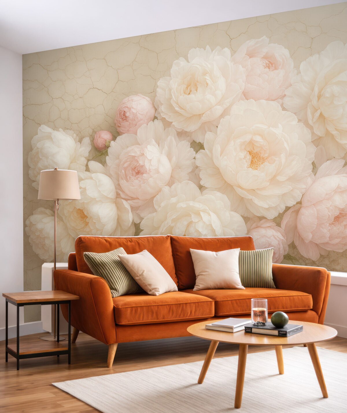 Fototapeta Białe peonie na zrujnowanej ścianie.