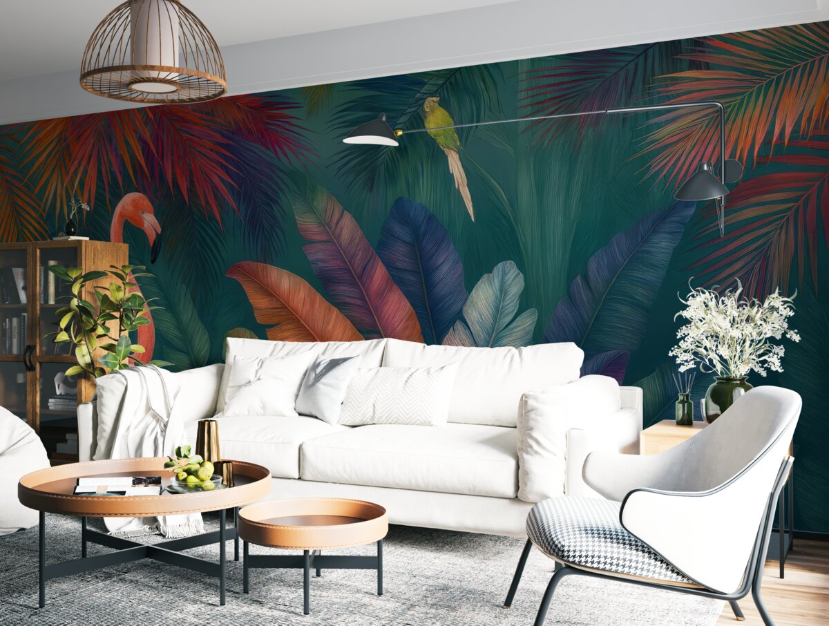 Fototapeta Flamingi w barwnych tropikach.