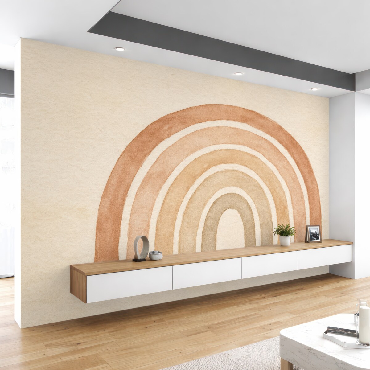 Fototapeta Tapeta w stylu boho: koralowa brzoskwinia, różowa paleta kolorów. Ściana w pastelowej tęczy w odcieniu różowym.